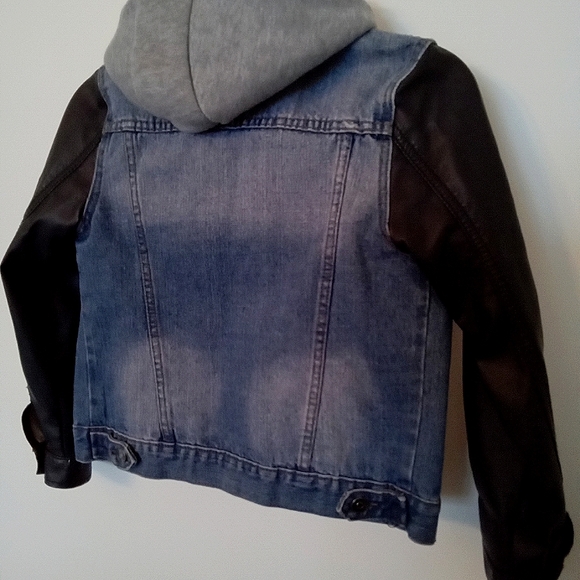 Boys Distressed Denim Jacket with Hood & Faux Leather Sleeves - Picture 11 of 14